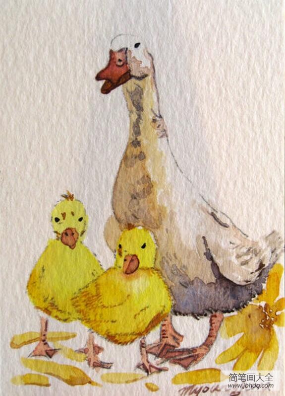 鸭妈妈和小鸭子动物水彩画作品赏析