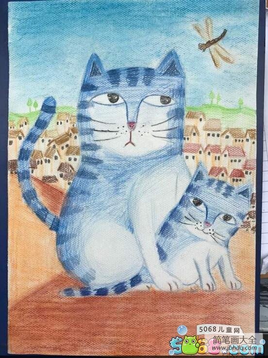 蓝猫妈妈和小宝宝彩铅画小猫作品欣赏