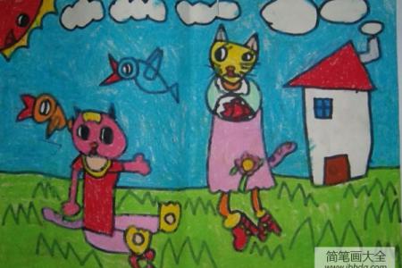 小猫和猫妈妈的野餐儿童蜡笔画图片大全