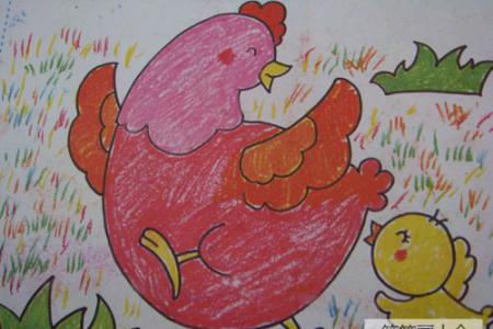 儿童画美丽的春天-小鸡和妈妈做游戏
