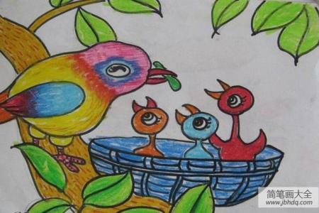 优秀儿童蜡笔画作品-辛劳的鸟妈妈
