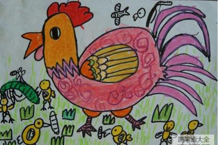 关于小鸡的儿童画作品-鸡妈妈带着小鸡去觅食