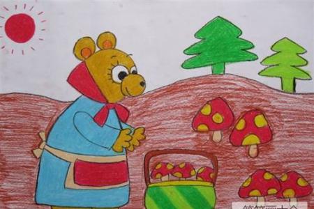 儿童趣味蜡笔画作品欣赏-熊妈妈采蘑菇
