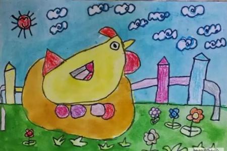 草地上的鸡妈妈幼儿春天绘画作品分享