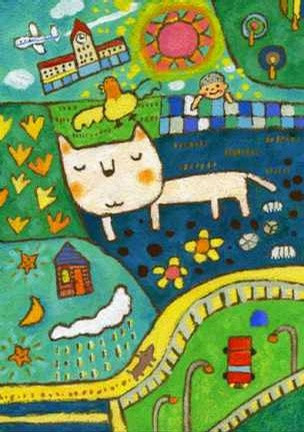 六一儿童蜡笔画作品-惹人喜爱的小猫咪