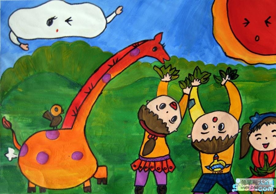 庆六一儿童节儿童画-我们去看长颈鹿