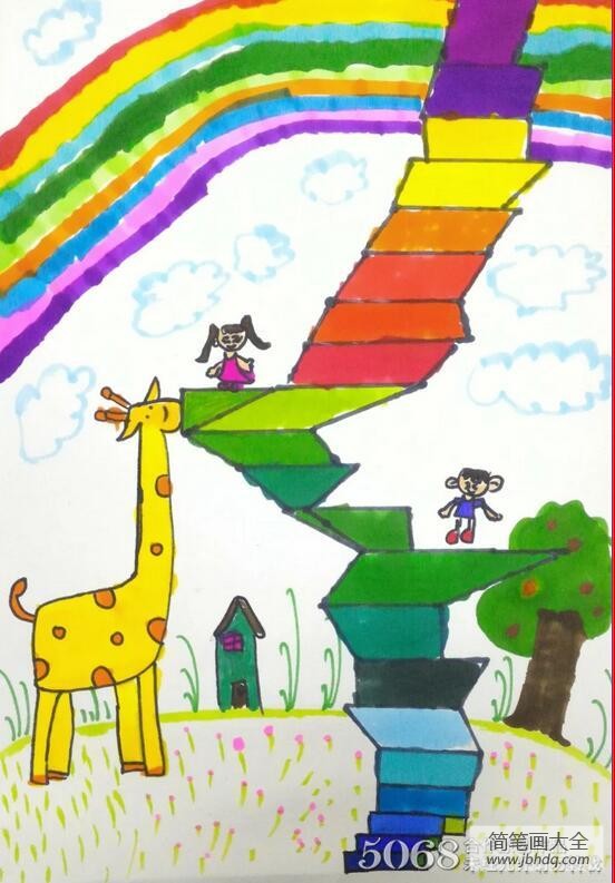 和长颈鹿一起玩耍一年级画六一儿童节的画分享