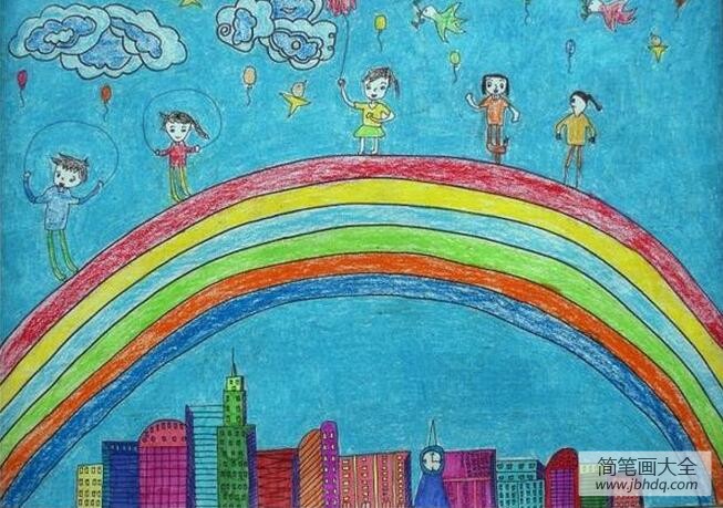 彩虹上的快乐有关六一儿童节的画作品分享