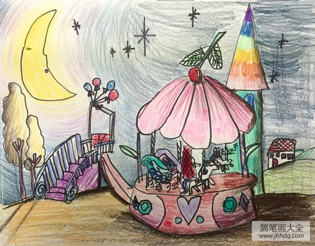 六一儿童画作品之游乐场的夜晚静悄悄