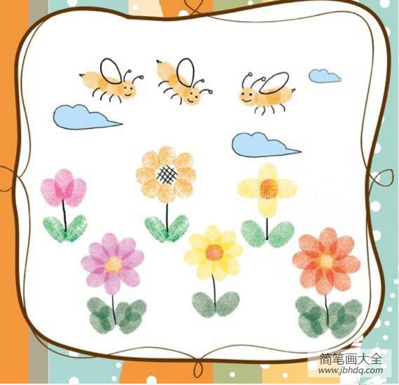 小蜜蜂和花指印画作品