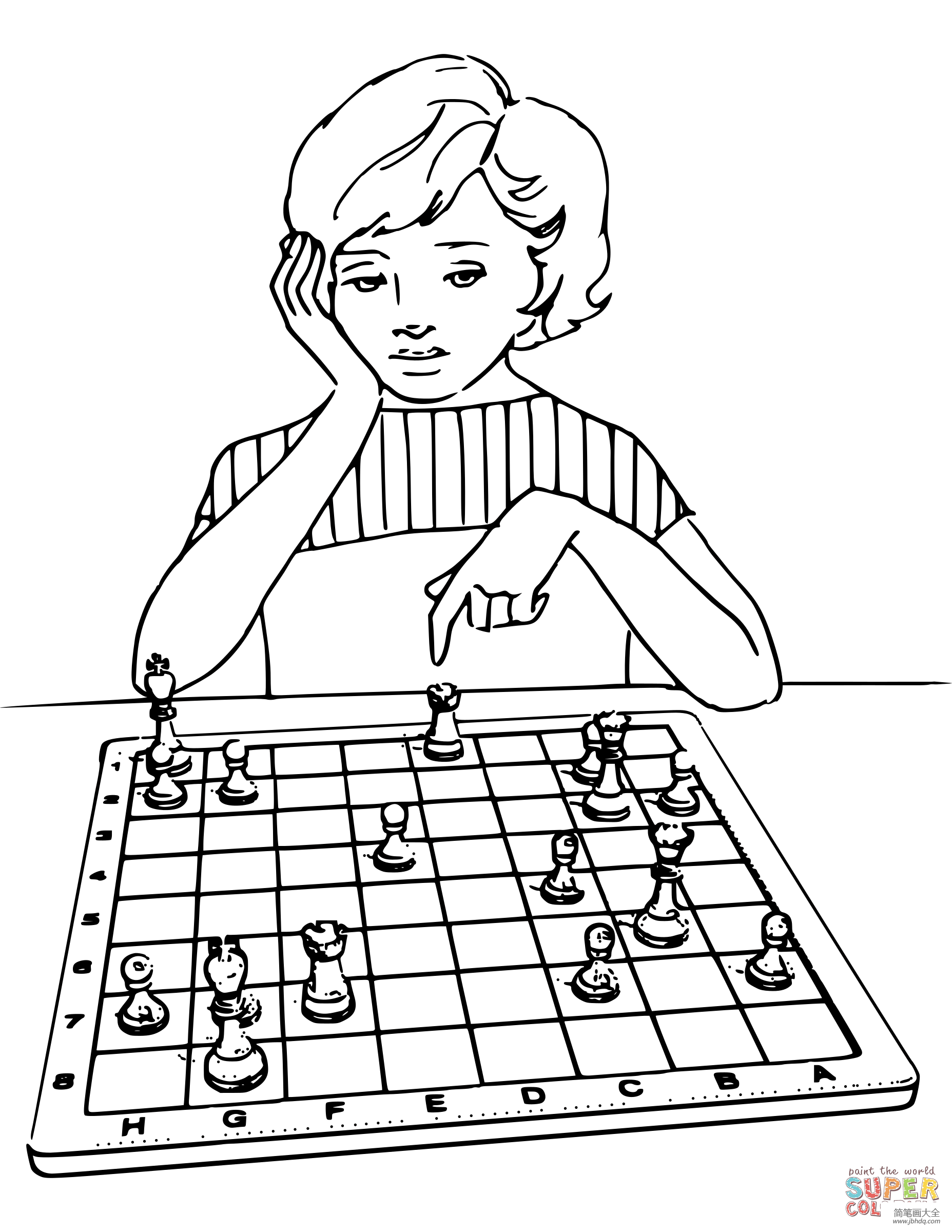 小女孩在思考棋局