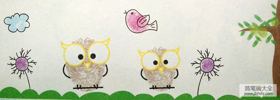 可爱的猫头鹰指印画教程