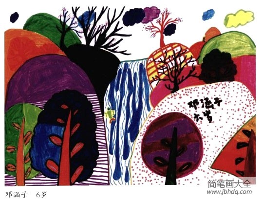 儿童水彩笔绘画教程1 有瀑布的风景 