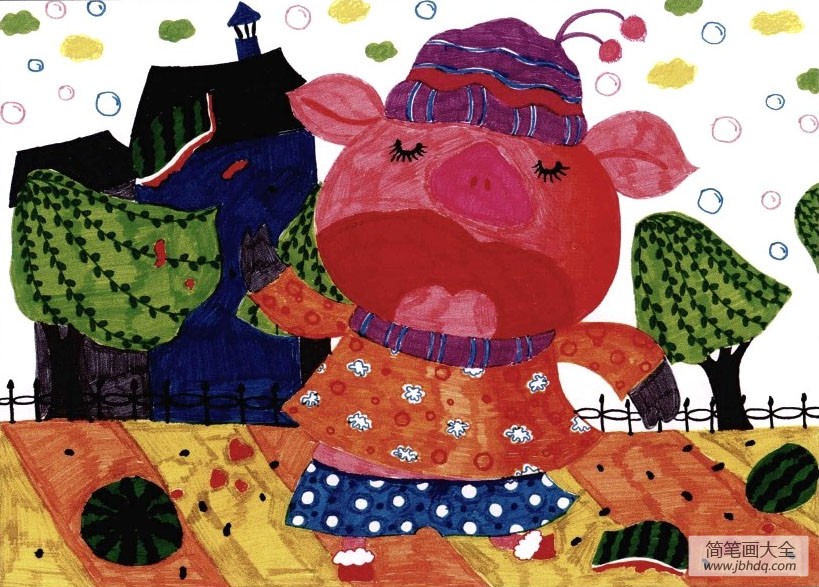 儿童水彩笔绘画教程11 小猪吃西瓜