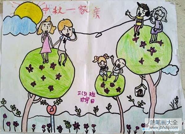 三年级小学生中秋节儿童画：中秋一家亲