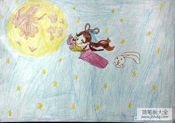 中秋节儿童画彩色铅笔画图片：嫦娥奔月