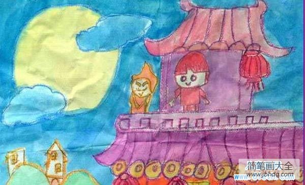 幼儿中秋节儿童画水彩画图片：登高望月