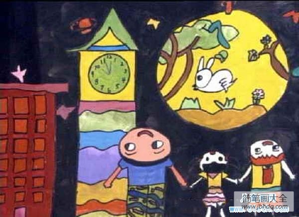 幼儿园小班中秋节儿童画图片：一家齐赏月
