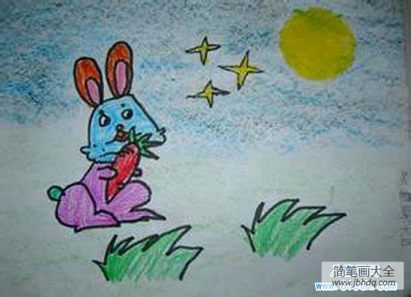 小学一年级中秋节儿童画蜡笔画作品：玉兔下凡吃萝卜