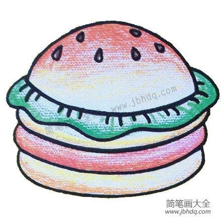 5.涂上颜色完成。（建议将汉堡涂成黄色调的，汉堡的顶部用橘红色来涂，蔬菜部分最好用鲜艳的绿色涂。）