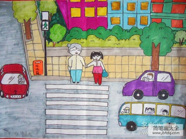 我扶老奶奶过马路,重阳节儿童画作品欣赏