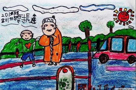 重阳节尊老儿童画欣赏-扶老奶奶过马路