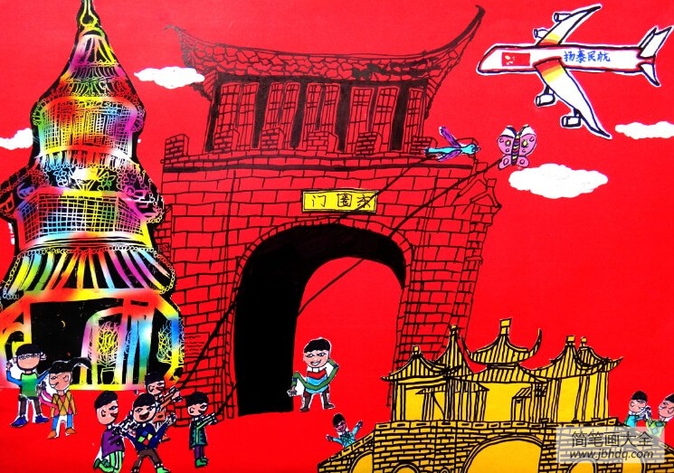 放风筝,重阳节的习俗儿童画作品欣赏
