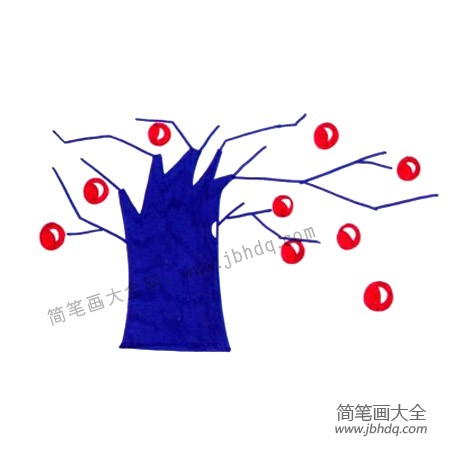 2.为大树加上树枝和果实，并涂色。
