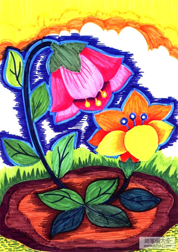 画植物儿童水彩画 姐妹花