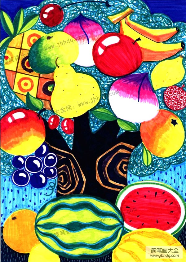 画植物儿童水彩画 水果树