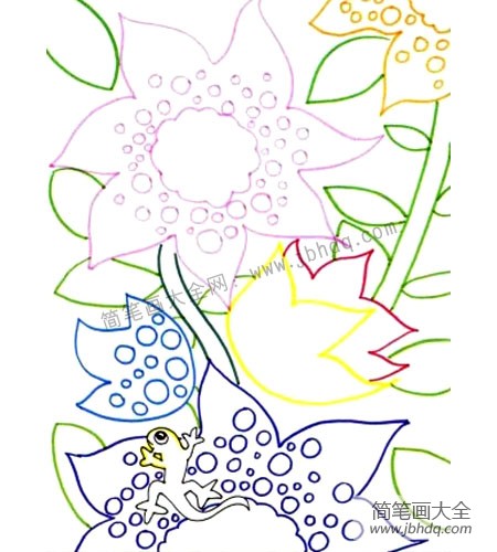 3.在画面中把所有的花儿和叶子画出来，注意画面的构图。