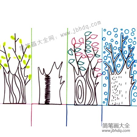 2.为树干们加上枝条，观察一年四季的变化，把它们一一画出来。