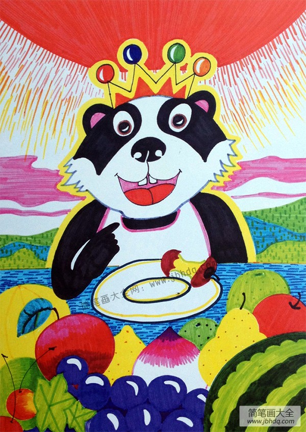 动物儿童水彩画 獾的水果大餐