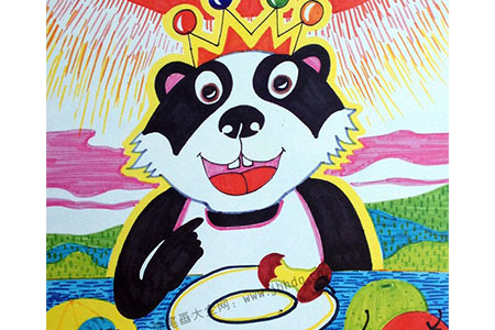 动物儿童水彩画 獾的水果大餐