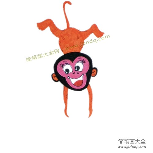 1.画一只倒立的小猴子，先画头部再画身体，之后是四肢和尾巴，画尾巴要注意方向，要能倒挂在树上。