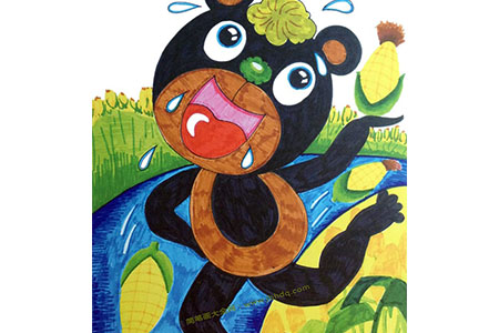 儿童动物水彩画 小黑熊掰苞米