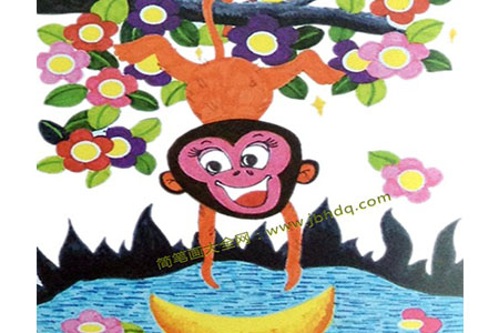 儿童动物水彩画 猴子捞月亮