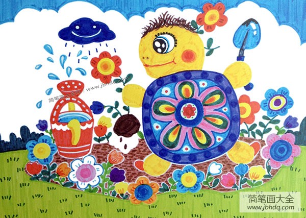 儿童动物水彩画 小花背的花园