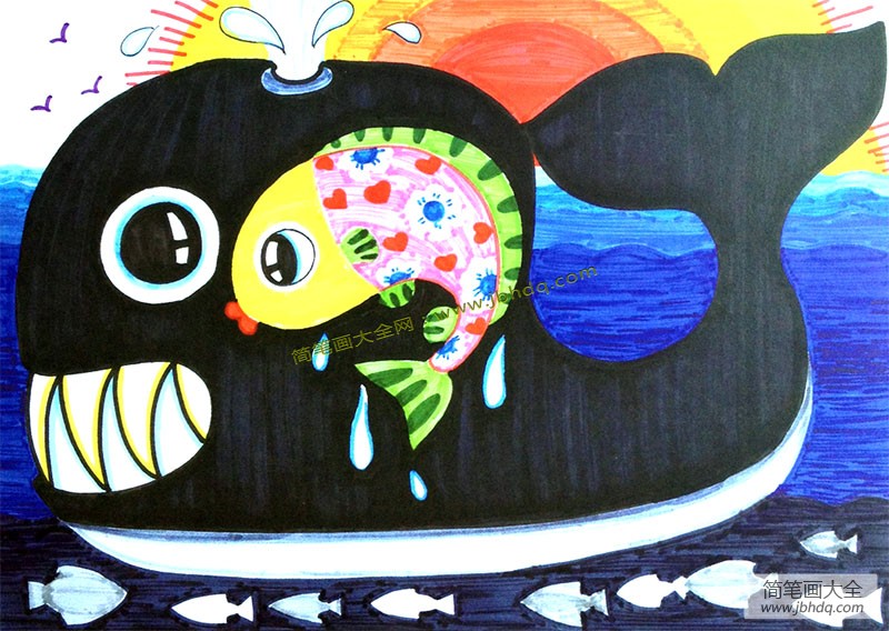 儿童动物水彩画 小鱼和鲸鱼比赛
