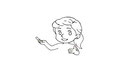 第4步：按讲课的姿势画脖子、肩膀、胳膊和手。注意一只手拿着粉笔手腕向后弯曲，另一只手向前伸出。