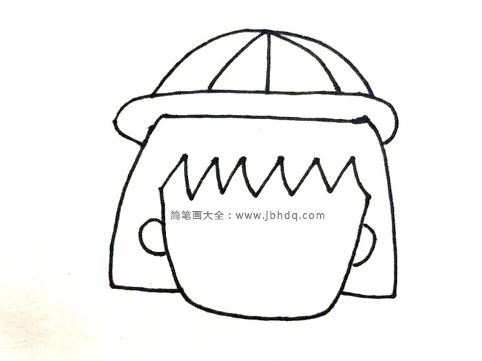 2.接下来把小丸子的整颗脑袋画出来，发型，帽子，耳朵。