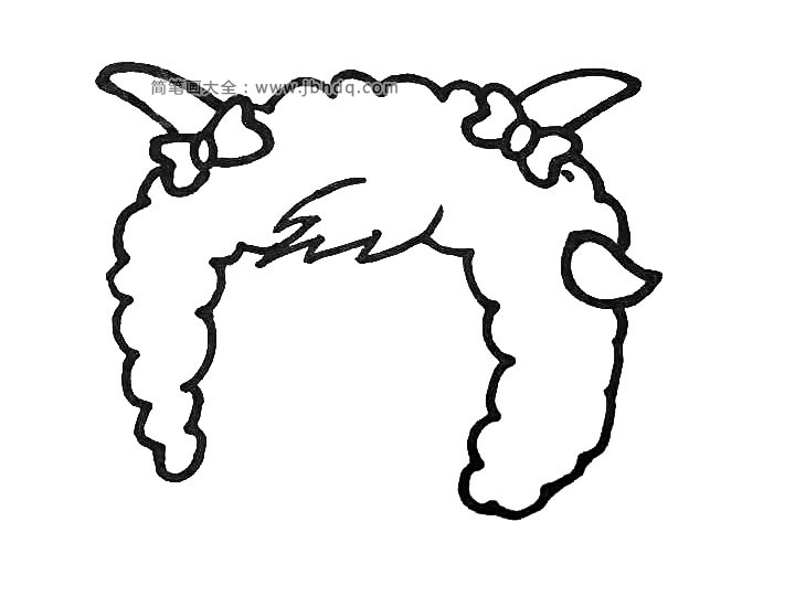 3.然后在停顿地方画上美羊羊的羊角和蝴蝶结，完善羊角中间部分，还有右边的耳朵。