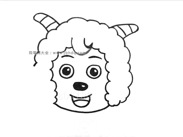 3.然后画喜羊羊的眼睛鼻子还有嘴巴。