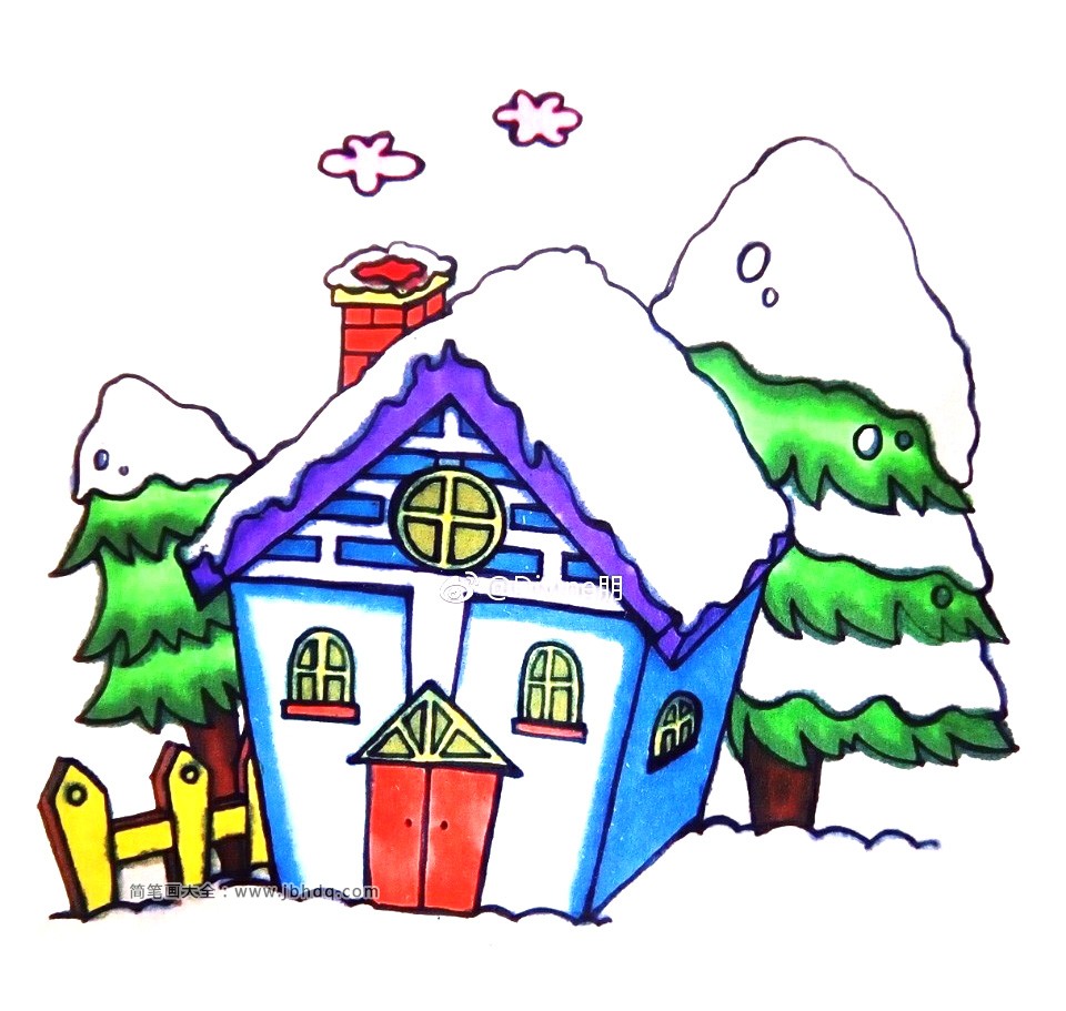 画漂亮的雪中小屋