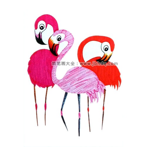 3.画出第三只深粉色的火烈鸟，并把三只火烈鸟的腿画出来，画得细一些。