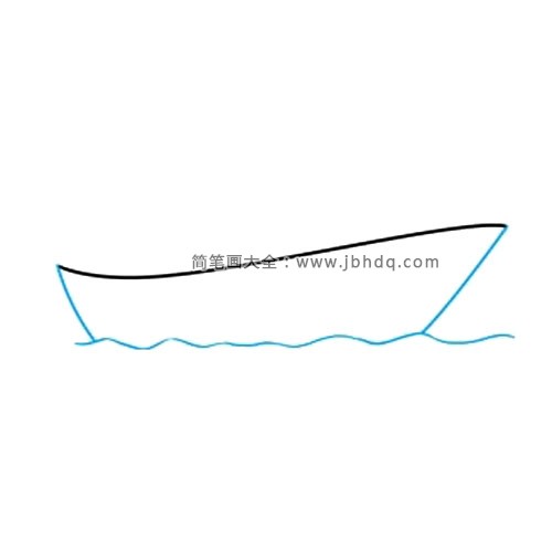 2.在曲线下方​​​​​​​​​​画波浪曲线来表示水。然后，从船甲板的每一端画一条曲线，向下延伸到水面。
