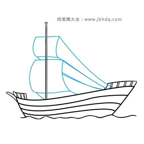 7.​​​​​​​​​​​​​​​​​​​画帆。首先，在桅杆的底部，用曲线画出一个大的方形。这就形成了主帆。在主帆上面，画另一个弯曲的正方形。从帆的每一个角落，画一条长长的曲线延伸到船的甲板上。