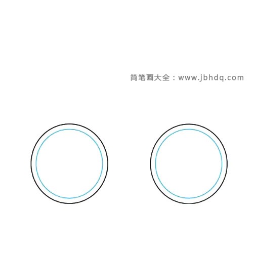 3.在每个圆中画一个稍小的圆，这就完成了自行车轮胎的轮廓。