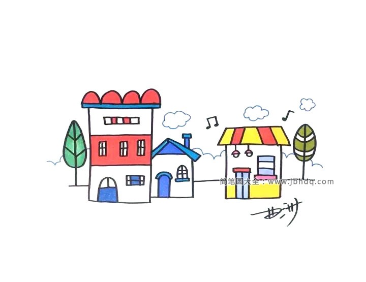 漂亮的小镇房子简笔画2