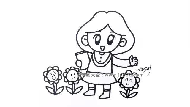 5.在老师的身边画出一些花朵，因为我们经常把老师比喻为“园丁”，而花朵则象征着小朋友们。